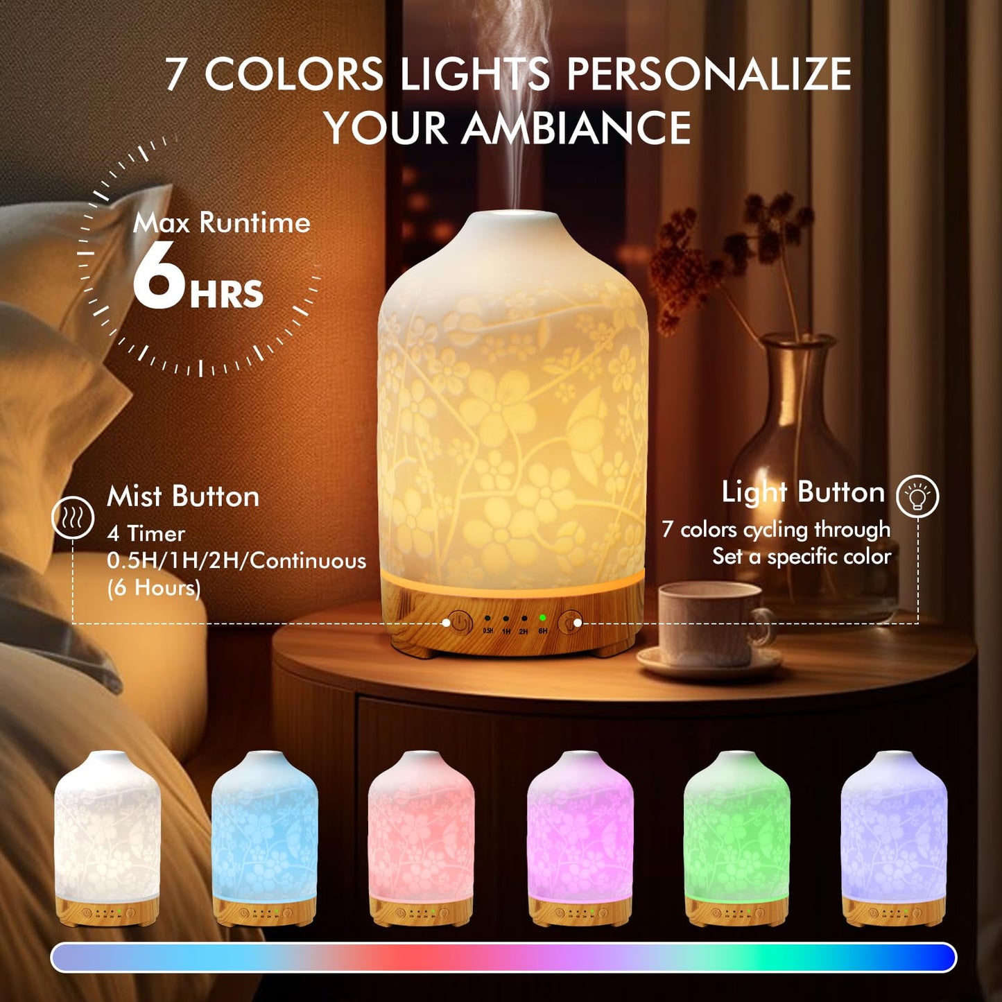 Aromatherapy Essential Oil Diffuser 150ml Ceramic | 7 LED Colors | Cherry Blossom