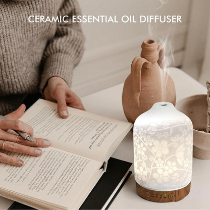 Aromatherapy Essential Oil Diffuser 150ml Ceramic | 7 LED Colors | Cherry Blossom