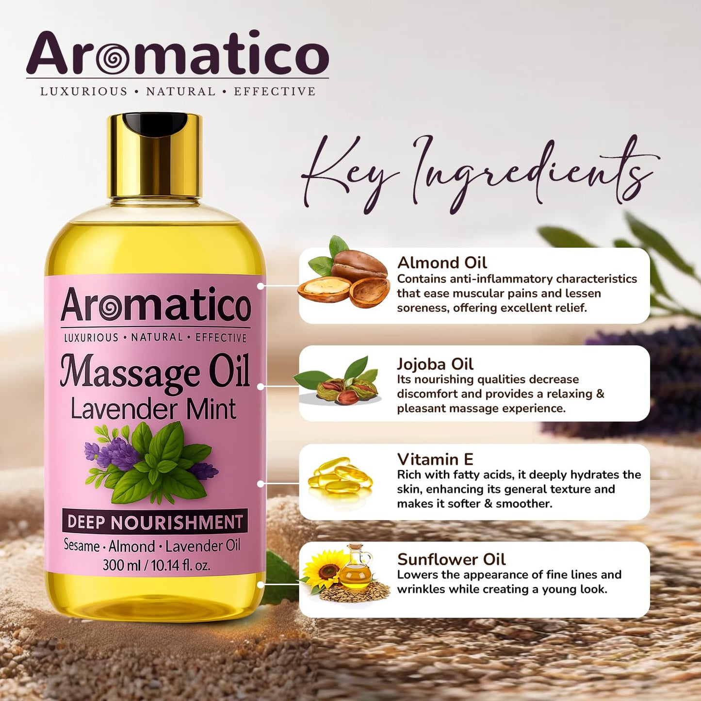AROMATICO Lavender Mint Massage Oil – Sesame, Almond & Jojoba Oils, 10 oz