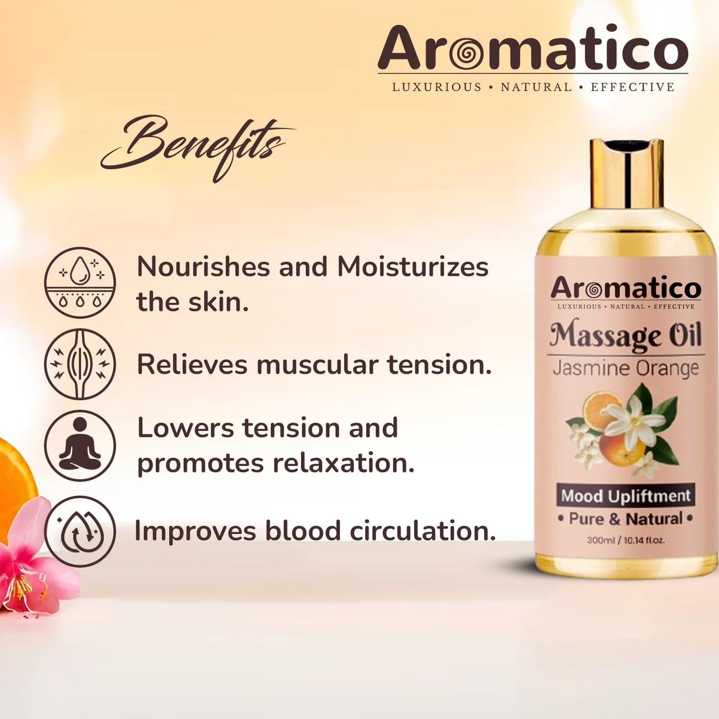 AROMATICO Massage Oil with Jasmine & Orange Essential Oils – Infused with Sesame, Almond & Jojoba Oils – Full Body Massage Oil for Relaxation – for Men & Women – 10 Fl Oz