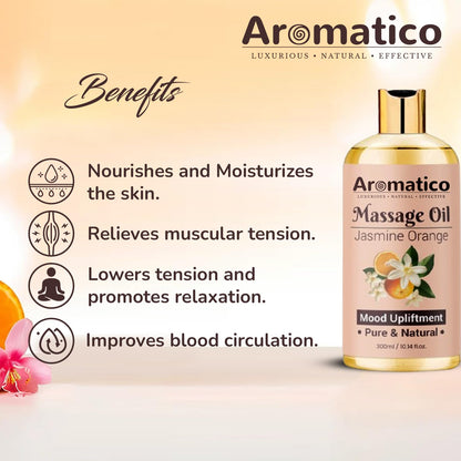 AROMATICO Massage Oil with Jasmine & Orange Essential Oils – Infused with Sesame, Almond & Jojoba Oils – Full Body Massage Oil for Relaxation – for Men & Women – 10 Fl Oz