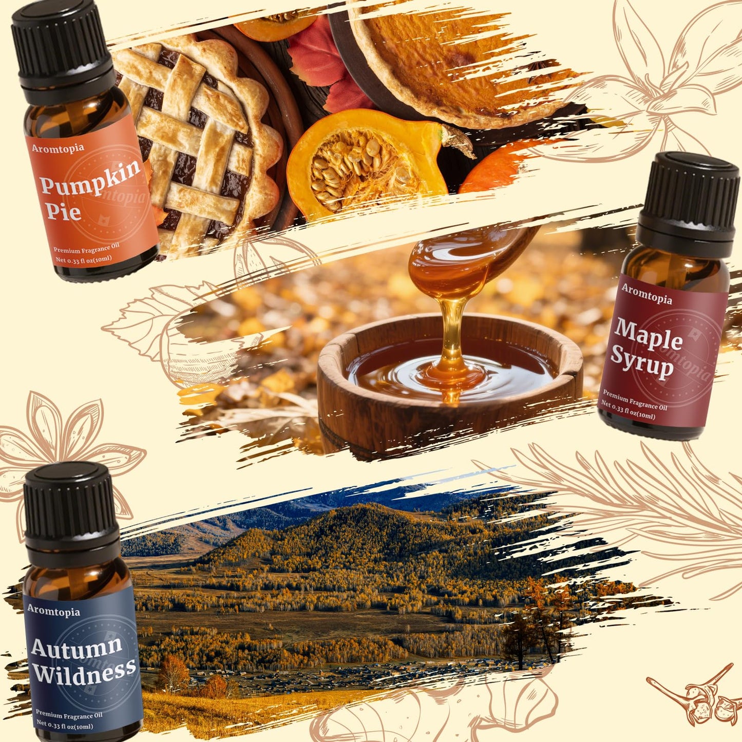 Diffuser Essential Oils – Aromtopia Fall Fragrance Oil Set (6x10ml) Pumpkin Pie, Musk Vanilla, Autumn Wildness