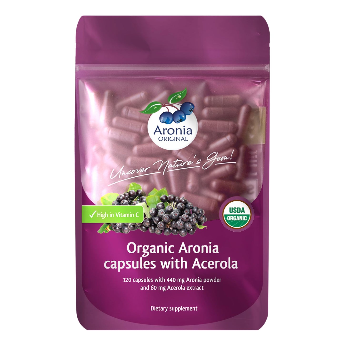 Organic Aronia Berry Capsules (60 Servings) – 10:1 Aronia Extract + 120 mg Acerola Cherry per Serving | Vitamin C & Antioxidants | Black Chokeberry Supplement