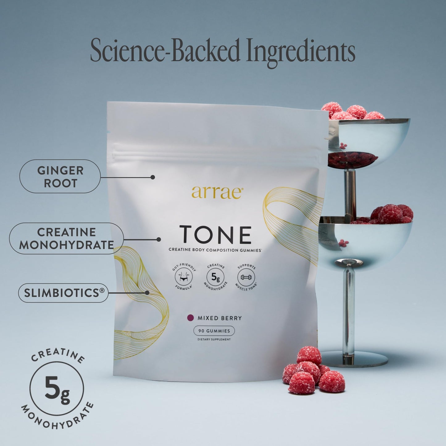 Arrae Tone Gummies – Creatine Monohydrate 5g for Women | Lean Muscle, Recovery & Strength | Mixed Berry, 90 Count