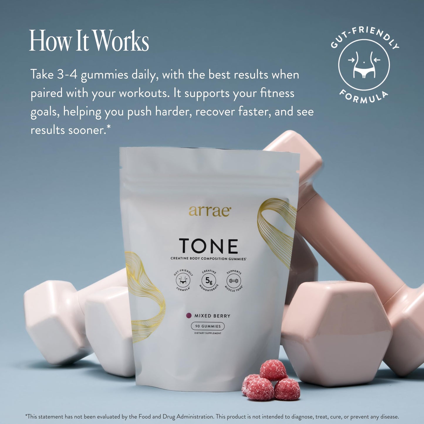Arrae Tone Gummies – Creatine Monohydrate 5g for Women | Lean Muscle, Recovery & Strength | Mixed Berry, 90 Count