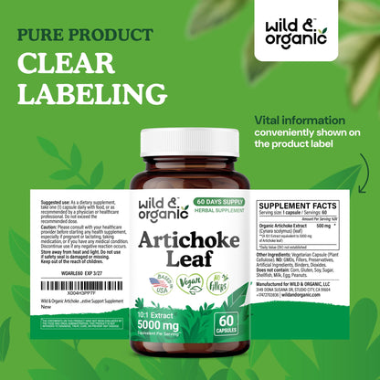 Wild & Organic Artichoke Extract Capsules 500 mg – Liver & Digestive Support – Vegan, Non-GMO – 60 Count