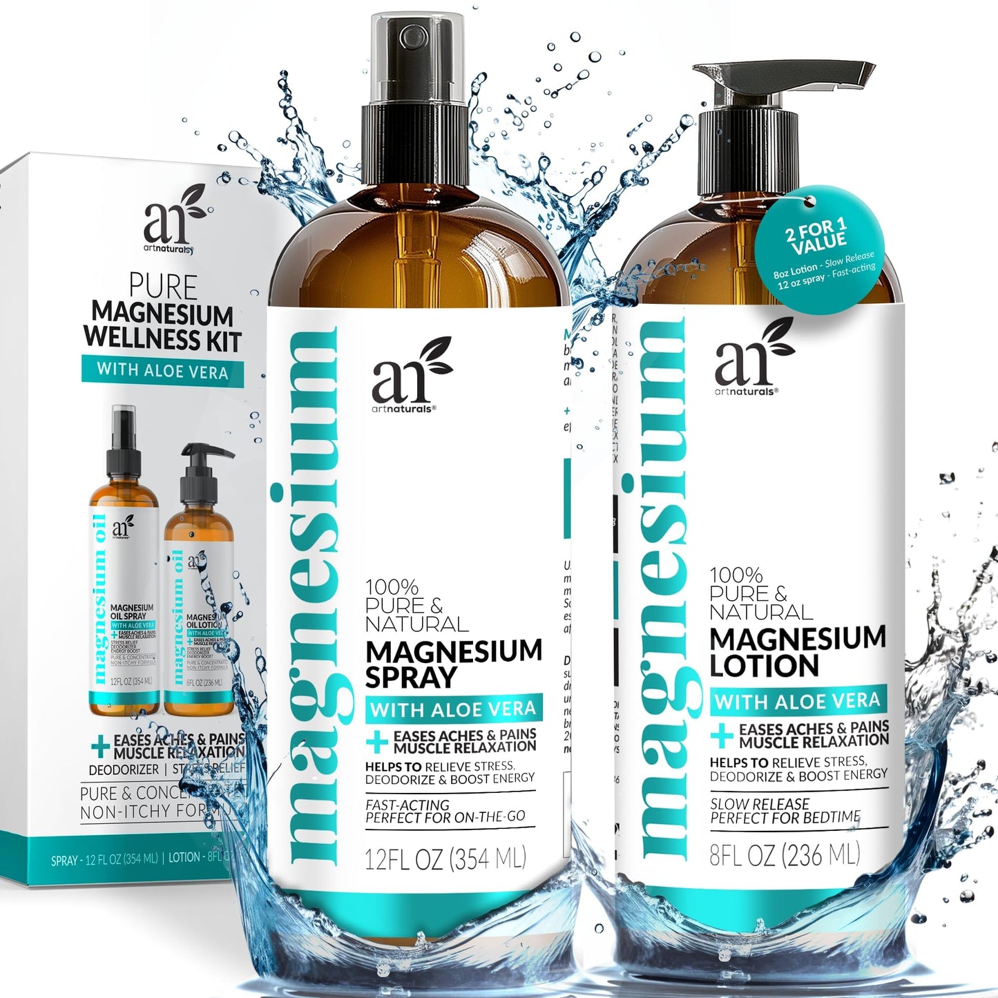 ArtNaturals Magnesium Oil Spray 12 oz + 8 oz Lotion – Sleep & Relax Relief