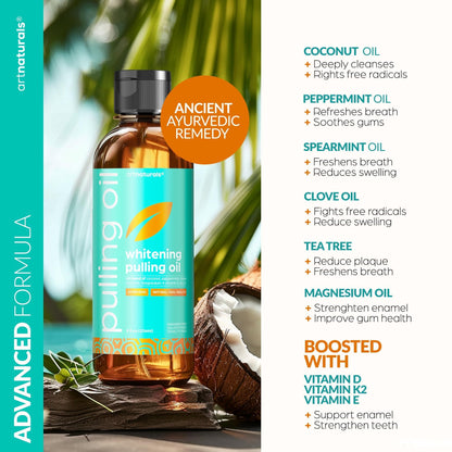 artnaturals Coconut Oil Pulling Set (8oz) – Bamboo Toothbrush & Tongue Scraper, Alcohol-Free Mouthwash