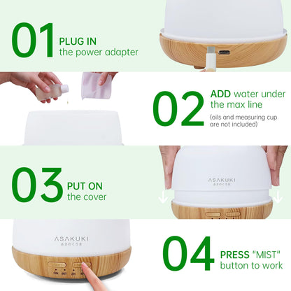 ASAKUKI 300ml Essential Oil Diffuser – Ultrasonic Humidifier with 7 Color Lights and 2 Mist Modes