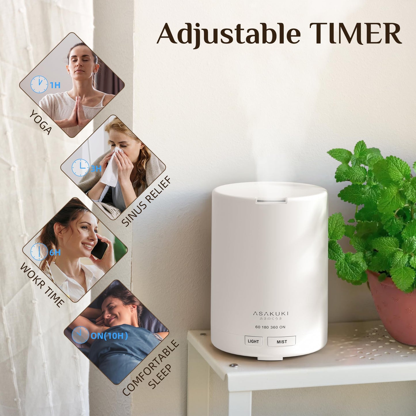 ASAKUKI Essential Oil Diffuser – 5-in-1 Quiet Humidifier (Pure White)