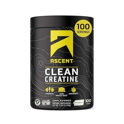 Ascent Clean Creatine Monohydrate Powder – 5G Per Serving, Creapure, Unflavored, 100 Servings