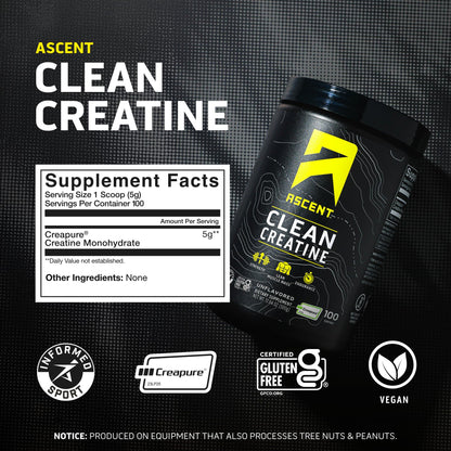 Ascent Clean Creatine Monohydrate Powder – 5G Per Serving, Creapure, Unflavored, 100 Servings