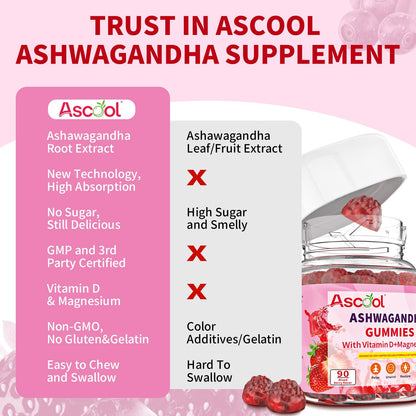 Ascool Ashwagandha Gummies – Sugar Free, Vitamin D & Magnesium, 90ct Vegan