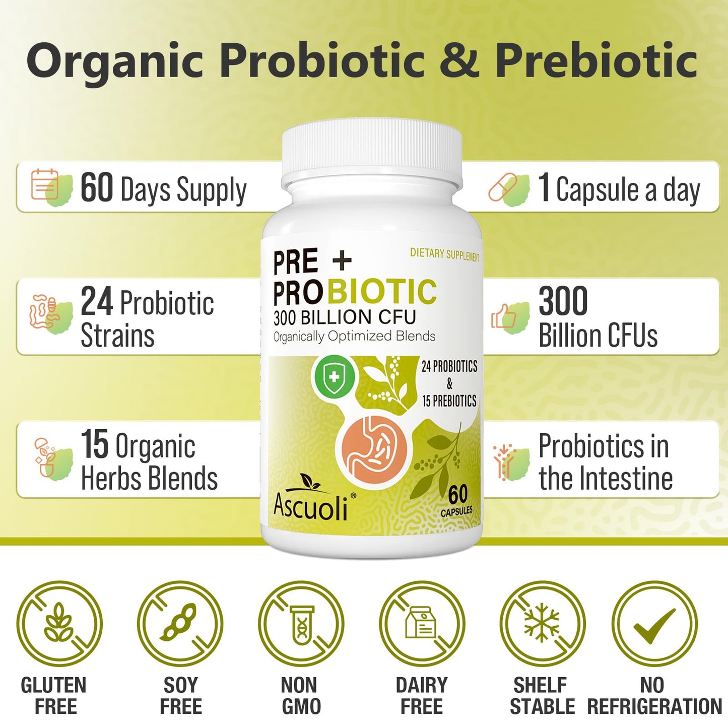 Ascuoli Probiotics for Women & Men – 300B CFU, 24 Strains, 15 Organic Herbs, 120 Veg Capsules