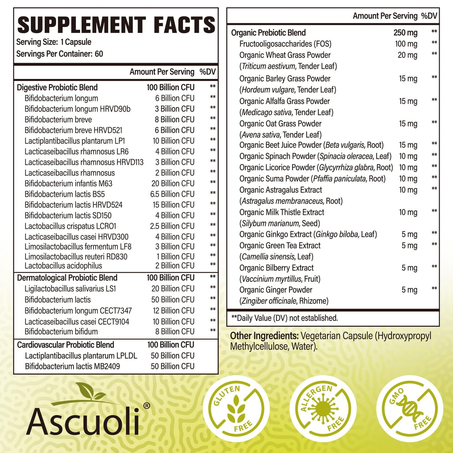 Ascuoli Probiotics for Women & Men – 300B CFU, 24 Strains, 15 Organic Herbs, 120 Veg Capsules