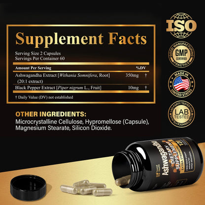 7000mg Ashwagandha 20:1 Extract Capsules – 120ct, Black Pepper, Non-GMO