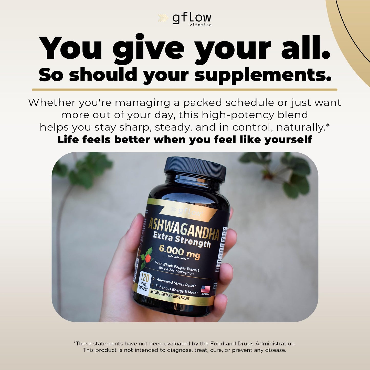 gflow vitamins Ashwagandha 6000mg – Extra Strength, vegan, non-GMO – Made in USA | Sleep, Mood & Energy | Pack of 3