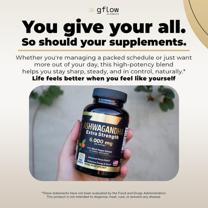 gflow vitamins Ashwagandha 6000mg – Extra Strength, vegan, non-GMO – Made in USA | Sleep, Mood & Energy | Pack of 3