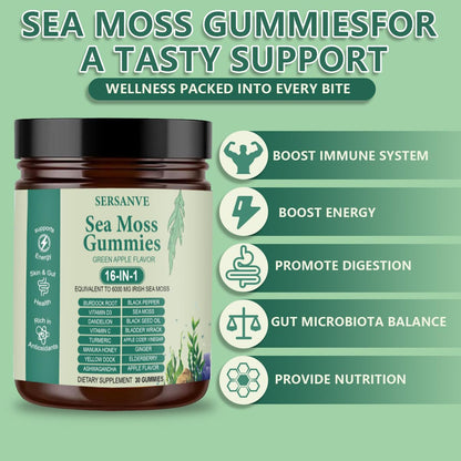Sea Moss Gummies 16-in-1, with Black Seed Oil, Ashwagandha & Elderberry | Irish Sea Moss Supplement for Men & Women | Daily Wellness Support with Manuka, Burdock Root & Vitamins C & D3, 30 Gummies