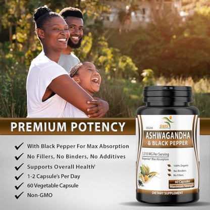 Ashwagandha Capsules with Black Pepper – Extra Strength for Stress, Focus & Mood (60 Capsules)
