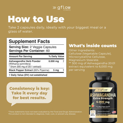 gflow vitamins Ashwagandha 6000mg – Extra Strength, vegan, non-GMO – Made in USA | Sleep, Mood & Energy | Pack of 3