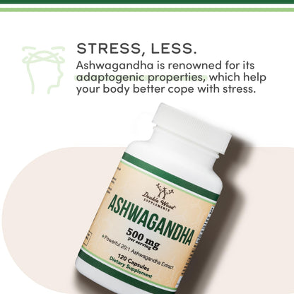 Ashwagandha Capsules 120 Count (500mg 20:1) Adaptogen | Double Wood