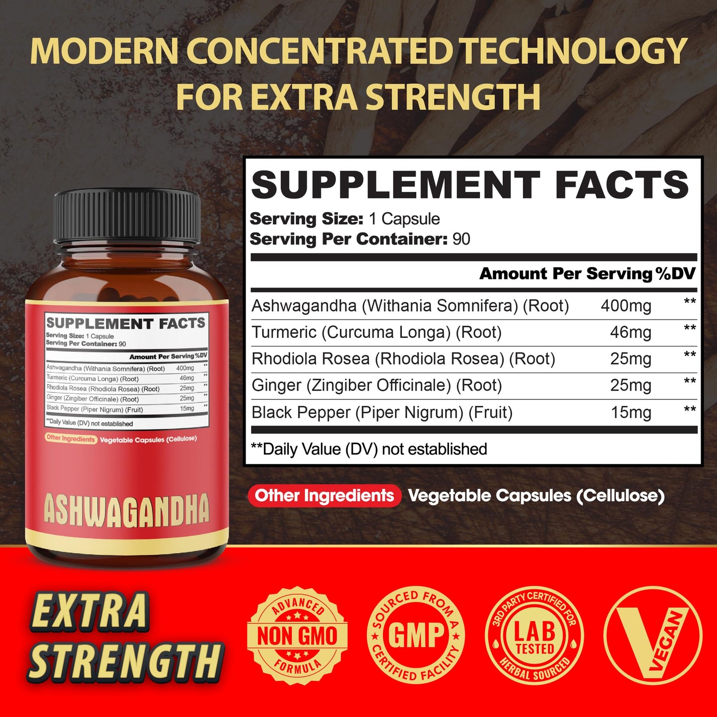 90 Capsules Ashwagandha Supplement with Ginger Root, Turmeric, Rhodiola Rosea & Black Pepper