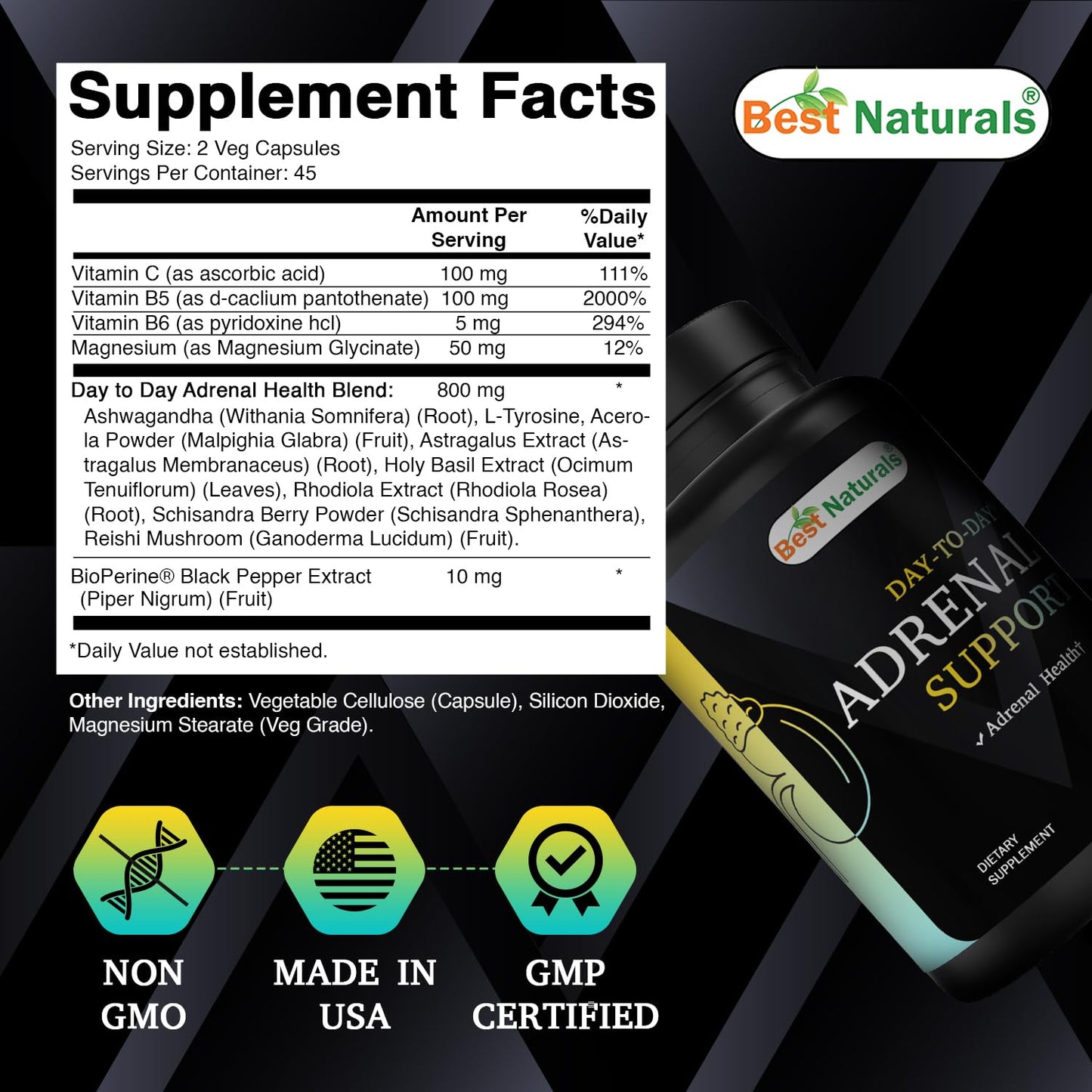 Best Naturals Adrenal Support - 90 Veg Capsules with Ashwagandha, L-Tyrosine, Magnesium, Rhodiola, Holy Basil & Bioperine