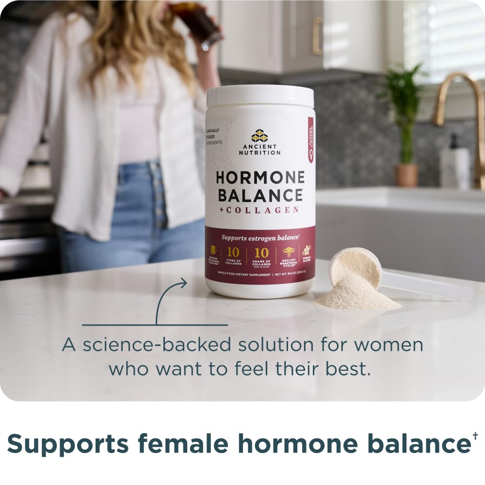 Ancient Nutrition Hormone Balance + Collagen Powder, Vanilla, 25 Servings | Hydrolyzed Collagen Peptides