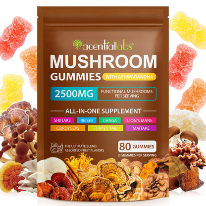 Ashwagandha Gummies with Super Mushroom Blend – Immune Support & Focus (Vegan, 80 Ct)