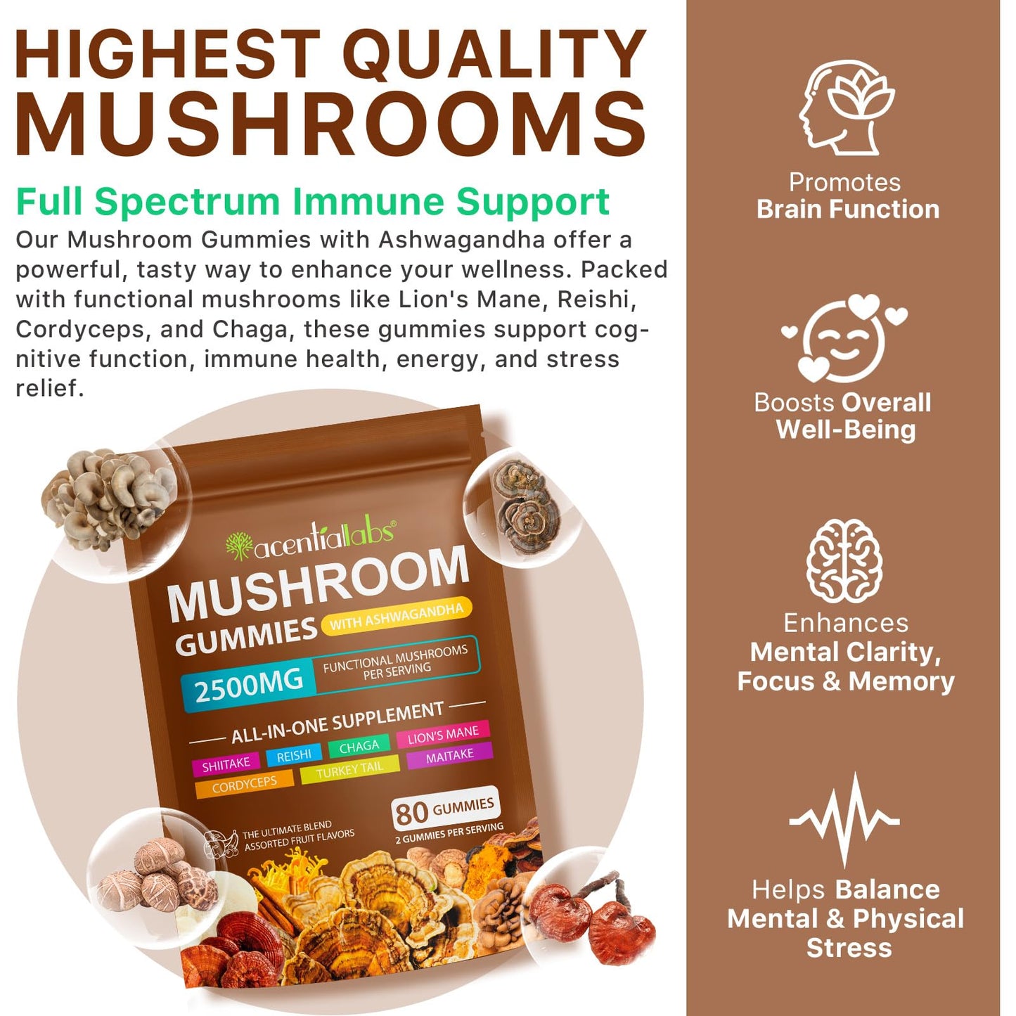 Ashwagandha Gummies with Super Mushroom Blend – Immune Support & Focus (Vegan, 80 Ct)
