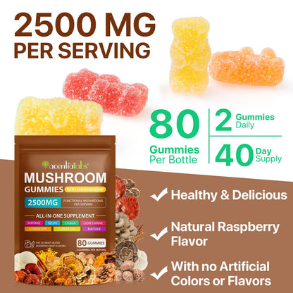 Ashwagandha Gummies with Super Mushroom Blend – Immune Support & Focus (Vegan, 80 Ct)