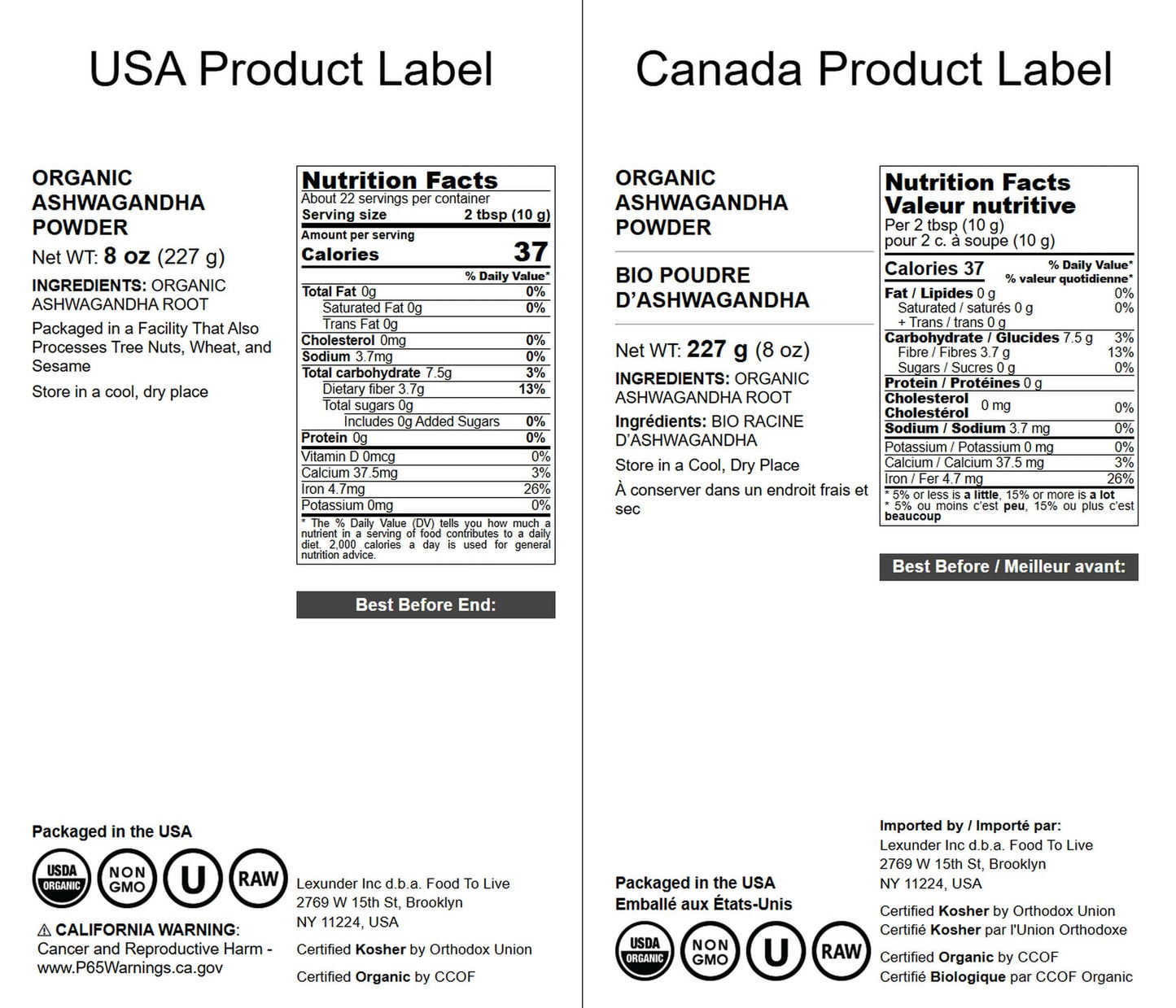 Food to Live Organic Ashwagandha Root Powder - 8 Oz, Non-GMO, Finely Ground