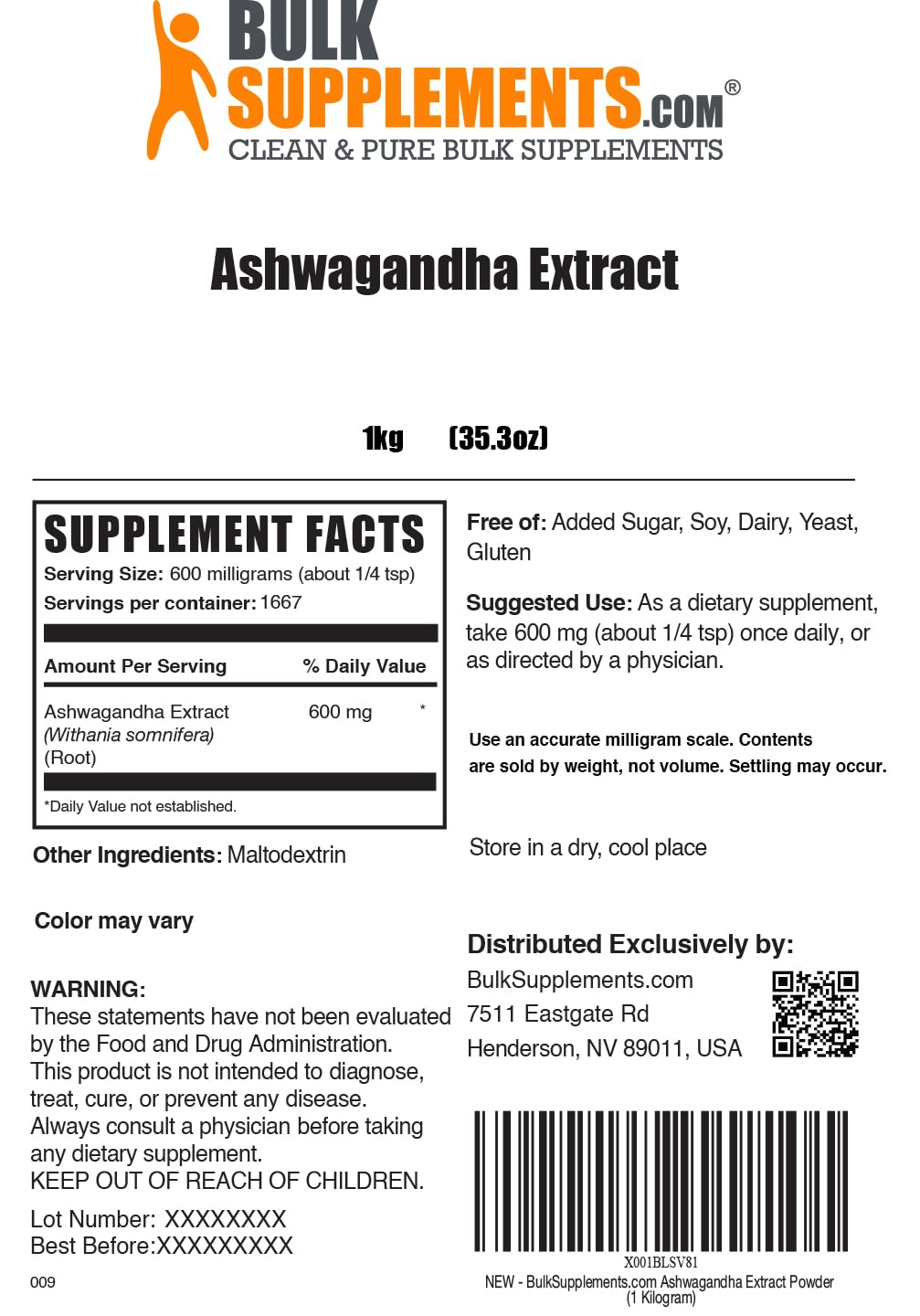 BulkSupplements Ashwagandha Root Extract Powder – 600 mg per Serving, 1 kg, Vegan & Gluten Free