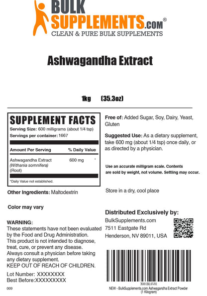 BulkSupplements Ashwagandha Root Extract Powder – 600 mg per Serving, 1 kg, Vegan & Gluten Free