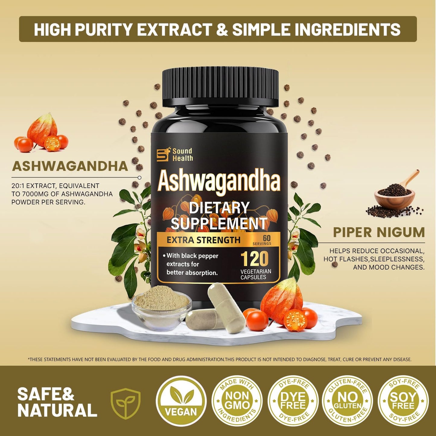 7000mg Ashwagandha 20:1 Extract Capsules – 120ct, Black Pepper, Non-GMO