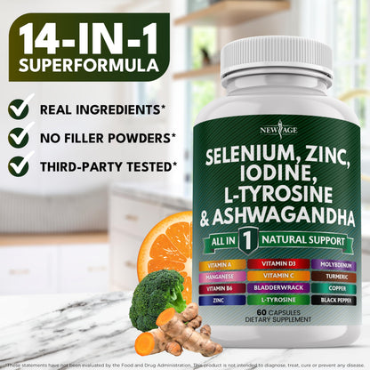 NEW AGE Thyroid Support Supplement with Selenium, Zinc, Iodine, L-Tyrosine, Ashwagandha — 60 Count (Pack of 3)