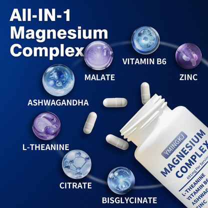 Magnesium Complex Supplement 60 Capsules – Glycinate, Citrate, Malate, L-Theanine, Ashwagandha, Zinc | Vegan - 30 Servings