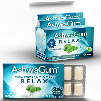 AshwaGum RELAX Gum by BetterGum – High Potency Ashwagandha + GABA, Sugar-Free Stress & Cortisol Support (10 Pieces) – 6 Pack