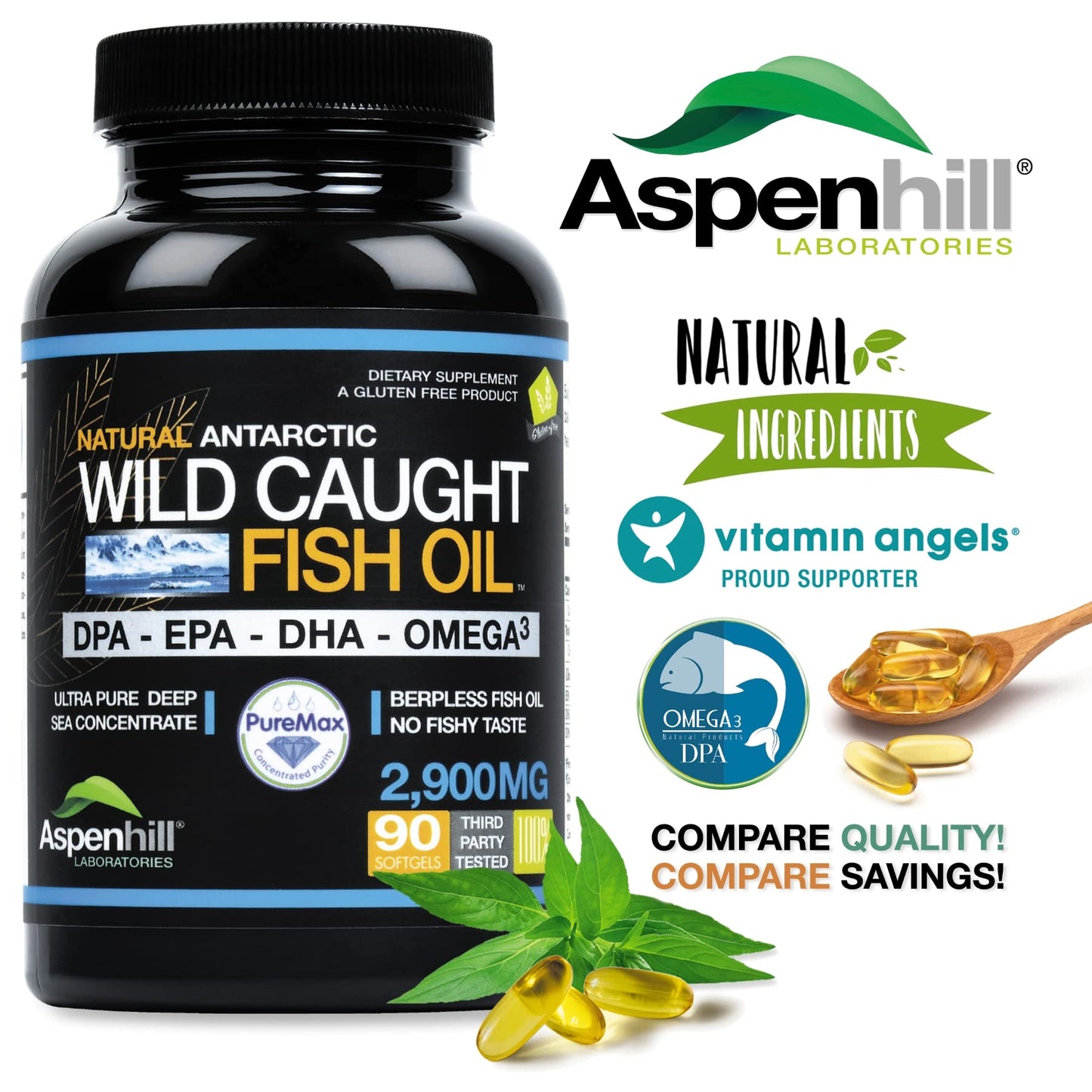 Aspen Hill Labs Ultra Pure Omega-3 Fish Oil – 2900 mg, DPA, EPA & DHA – 90 SoftGels, Burp-Free, Non-GMO