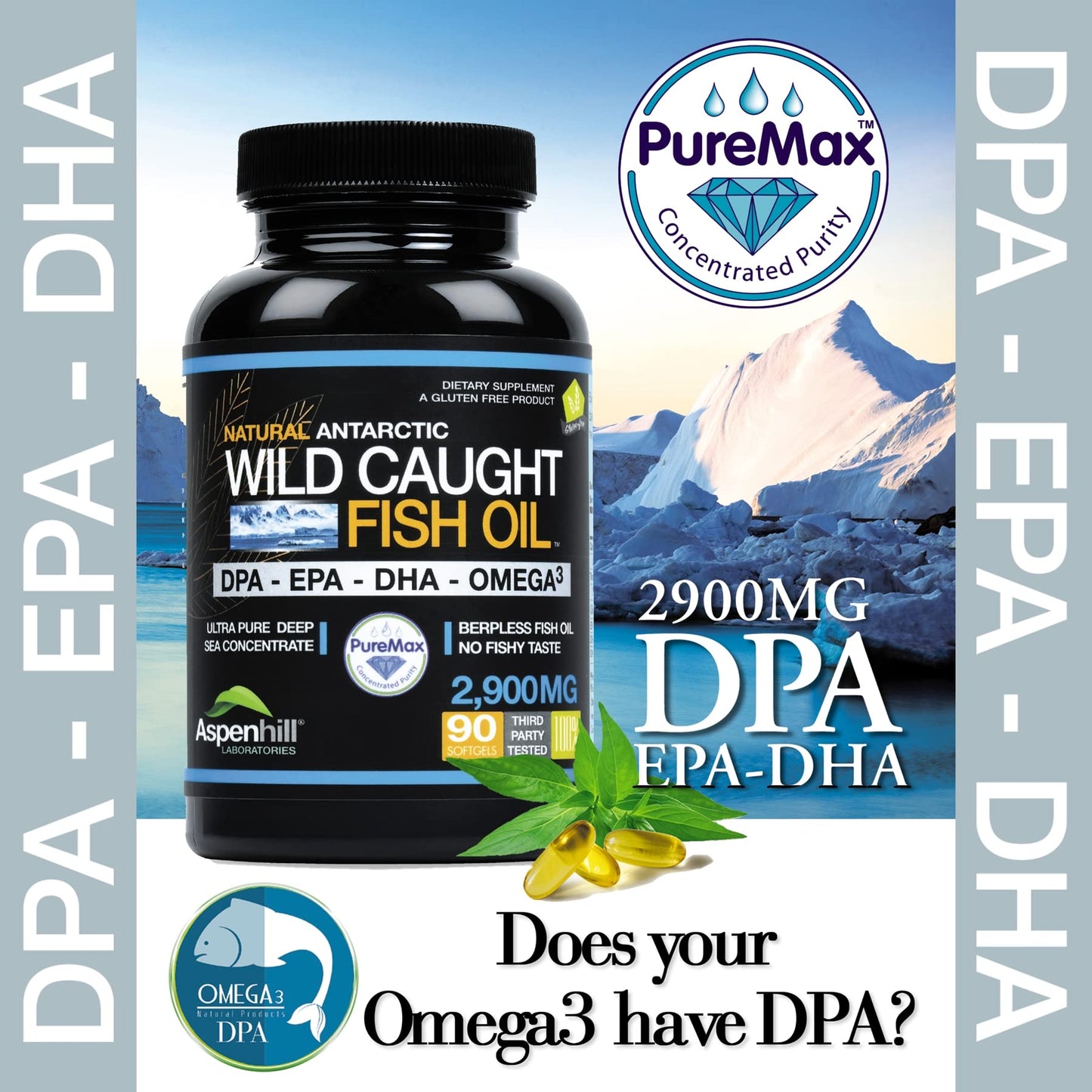 Aspen Hill Labs Ultra Pure Omega-3 Fish Oil – 2900 mg, DPA, EPA & DHA – 90 SoftGels, Burp-Free, Non-GMO
