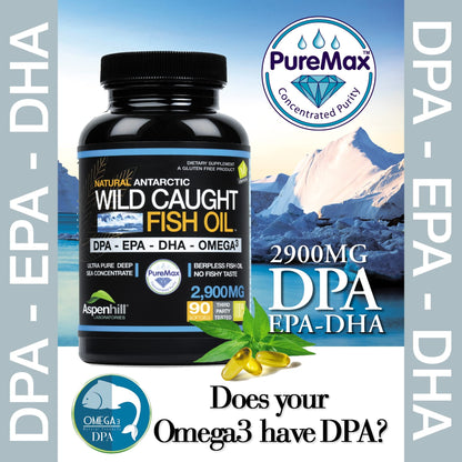 Aspen Hill Labs Ultra Pure Omega-3 Fish Oil – 2900 mg, DPA, EPA & DHA – 90 SoftGels, Burp-Free, Non-GMO