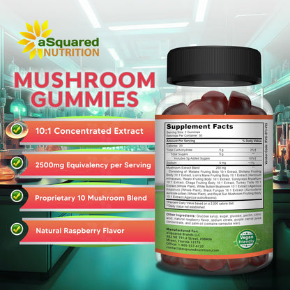 aSquared Nutrition Mushroom Gummies - 10x Complex Mushroom Blend for Energy, Focus & Immune Support