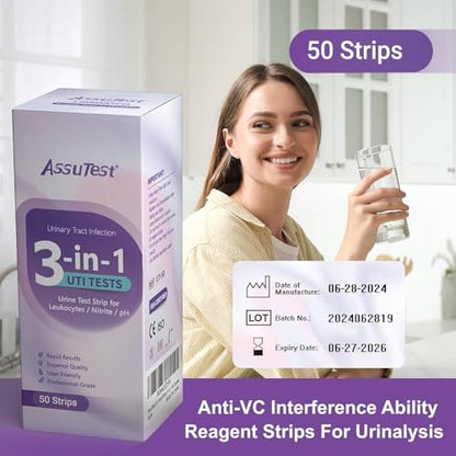 AssuTest UTI Test Strips – 3-in-1 At-Home Urinary Tract Infection Detection (50ct)