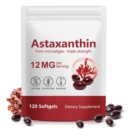 Astaxanthin Supplements 12mg - 120 Softgels (4 Month Supply) | Premium Antioxidant from Microalgae - Non-GMO & Gluten-Free