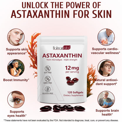 Astaxanthin 12mg Softgels – Triple Strength Antioxidant for Eye, Skin, Brain & Immune Support | 120 Count