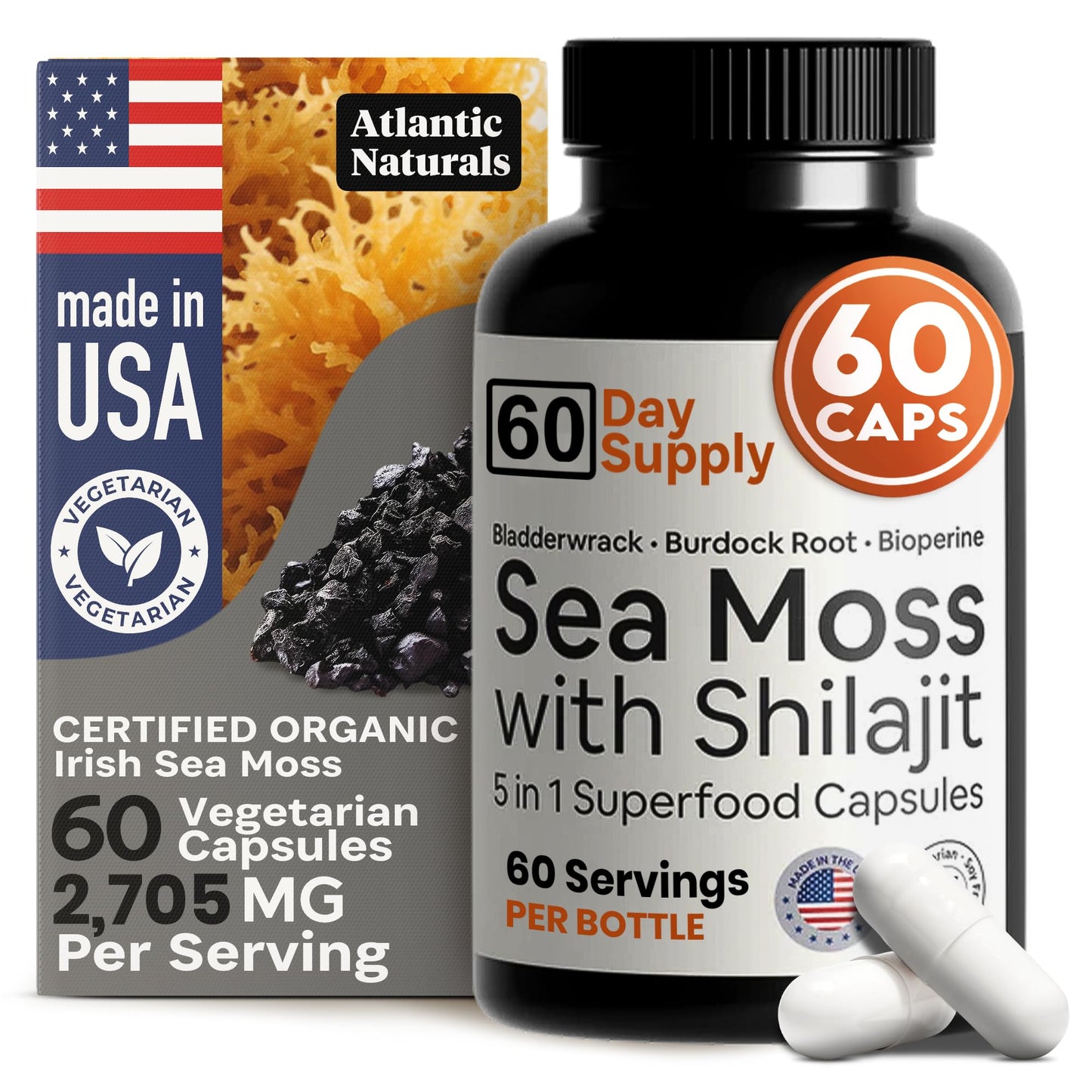 Atlantic Naturals Sea Moss + Shilajit Capsules – 5-in-1 Blend with Bladderwrack, Burdock Root & Black Pepper (60 ct, 2705 mg)