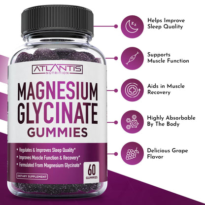 Atlantis Nutrition Magnesium Glycinate Gummies 700mg – Vegan Magnesium Glycinate for Kids & Adults | Sleep & Muscle Support | 60 Count