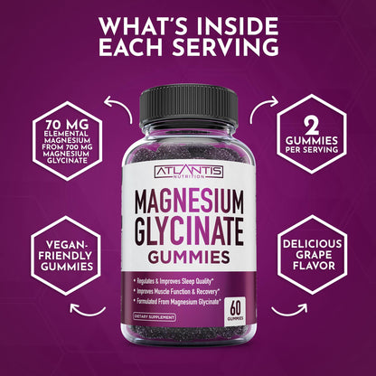 Atlantis Nutrition Magnesium Glycinate Gummies 700mg – Vegan Magnesium Glycinate for Kids & Adults | Sleep & Muscle Support | 60 Count