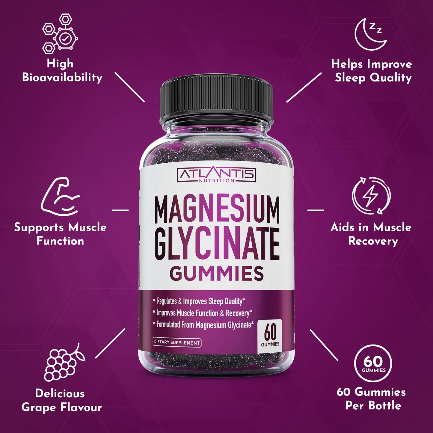 Atlantis Nutrition Magnesium Glycinate Gummies 700mg – Vegan Magnesium Glycinate for Kids & Adults | Sleep & Muscle Support | 60 Count